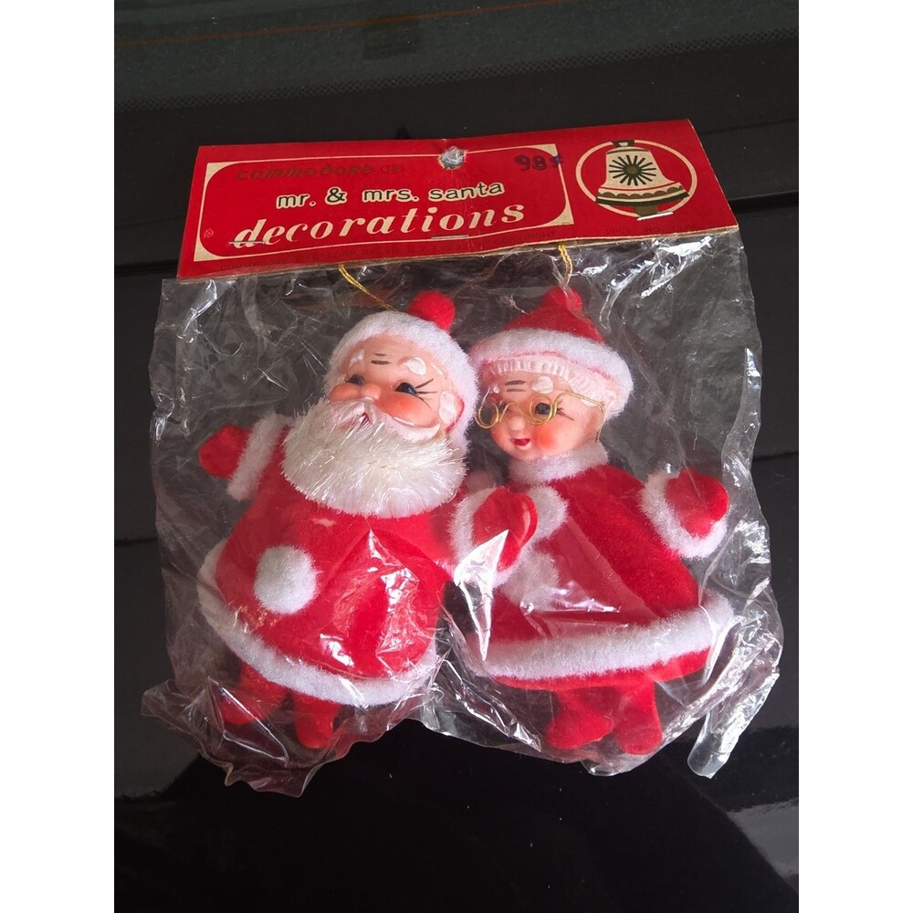 Vintage COMMODORE Mr. & Mrs. Santa Claus Flocked Christmas Ornaments Japan!